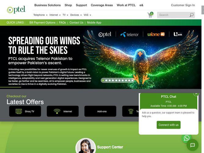 The website screenshot for http://www.ptcl.com.pk/