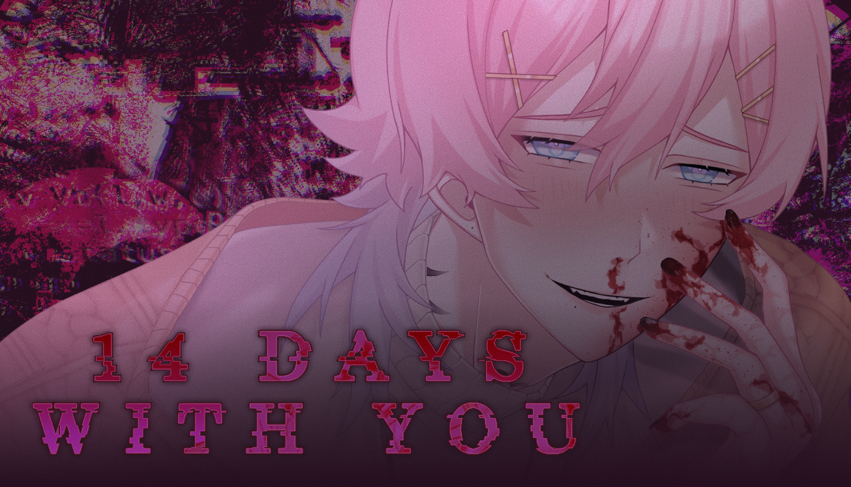 An anime-style artwork of a person with blood on his fingers, smiling with a sinister expression, in front of a dark background with pink and purple digital effects. Text overlay reads "14 DAYS WITH YOU" in pink and red letters.